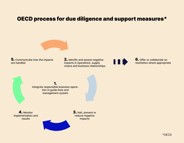 Figure: OECD process for due diligence and support measures 1. Integrate responsible business operation in guidelines and management system 2. Identify and assess negative impacts in operations, supply chains and business relationships 3. Halt, prevent or reduce negative impacts 4. Monitor implementation and results 5. Communicate how the impacts are handled 6. Offer or collaborate on restitution where appropriate